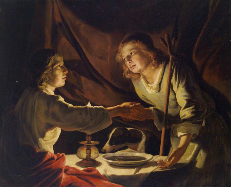 Painting. Matthias Stom. Esau sold Jacob his birthright and the mess of pottage
