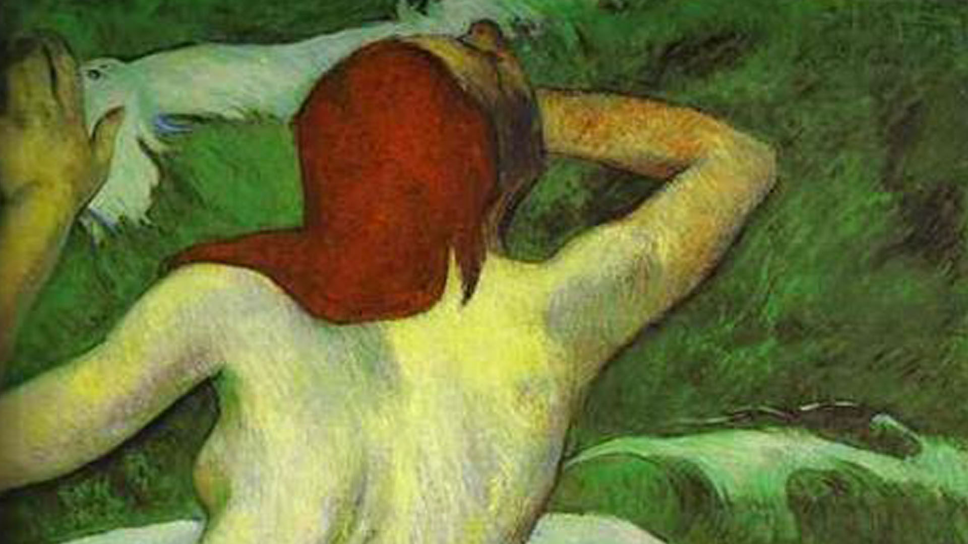 Paul Gauguin painting "In the Waves,"1889. A naked, red-headed woman caught in waves.